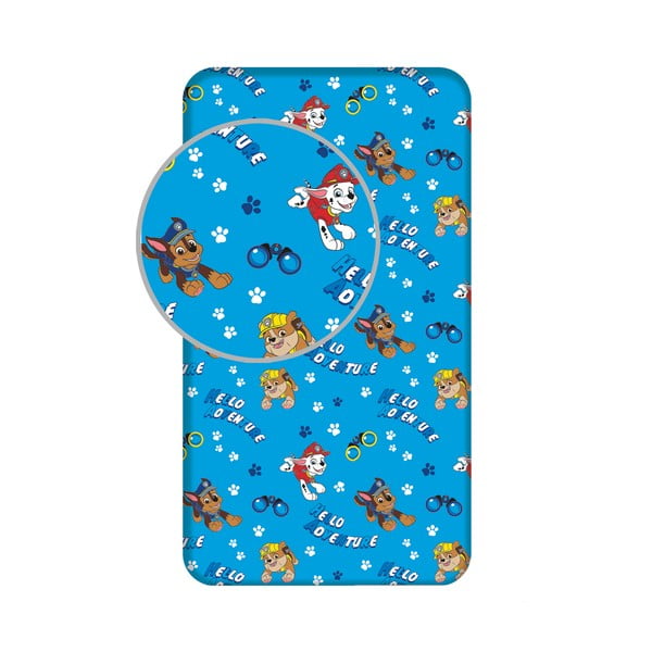 Cearceaf pentru copii albastru din bumbac pentru pat de o persoană cu elastic 90x200 cm Paw Patrol – Jerry Fabrics