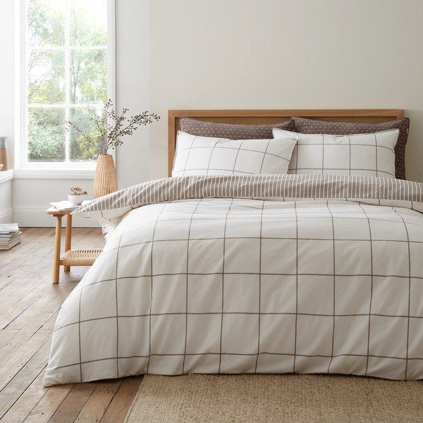 Lenjerie de pat crem/taupe din flanelă pentru pat de o persoană 135x200 cm Brushed Regal Check – Bianca-image-1