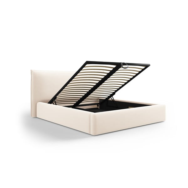 Pat matrimonial crem tapițat cu spațiu de depozitare cu somieră 160x200 cm Elio – Milo Casa-image-1