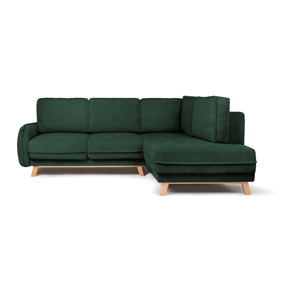 Colțar verde închis extensibil/cu spațiu de depozitare cu tapițerie din catifea reiată (cu colț pe partea dreaptă/în formă de ”L”) Tori – Bonami Selection