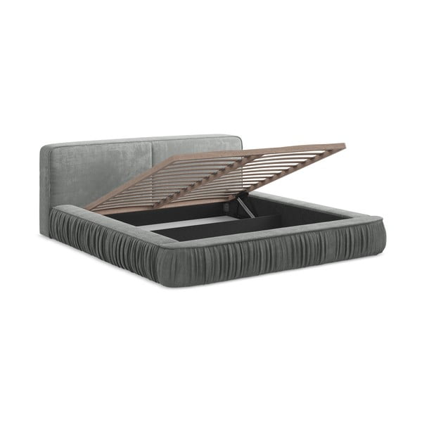 Pat dublu tapițat gri cu spațiu de depozitare cu grilă 160x200 cm Keoni - Makamii-image-4