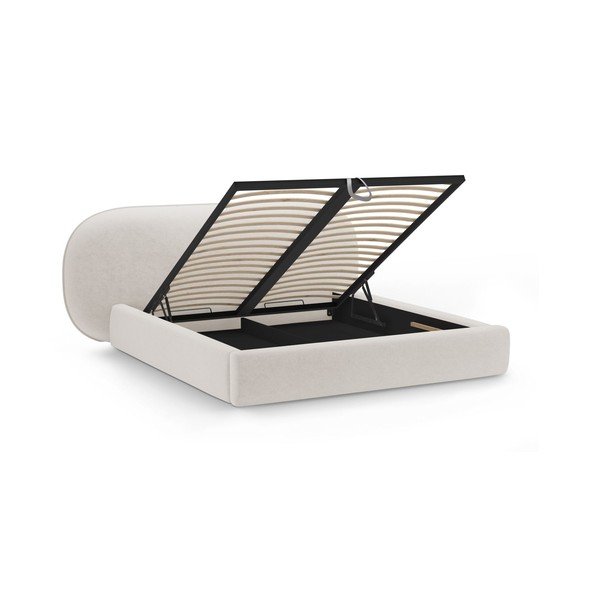 Pat matrimonial crem tapițat cu spațiu de depozitare cu somieră 160x200 cm Ovalo – Micadoni -image-2