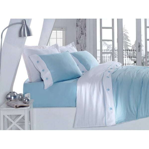 Lenjerie de pat cu cearșaf din bumbac satinat Satin Blue, 200 x 220 cm 