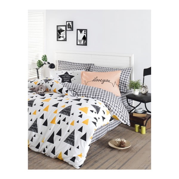 Lenjerie de pat cu cearșaf din bumbac, pentru pat dublu EnLora Home Ilove Black Yellow, 200 x 220 cm