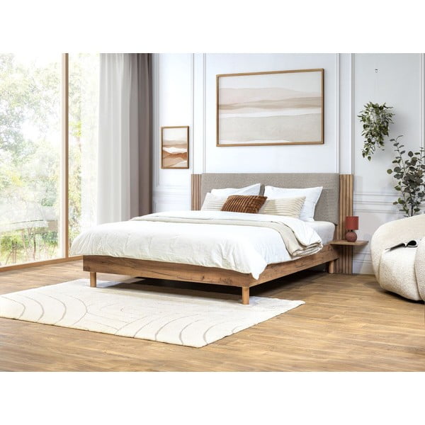 Pat matrimonial gri deschis cu somieră 140x190 cm Lior – Bobochic Paris-image-1