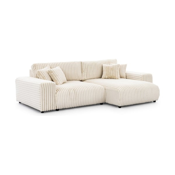 Colțar crem extensibil, cu spațiu de depozitare, cu tapițerie din catifea reiată  (cu colț pe partea dreaptă) Sarina – Ropez