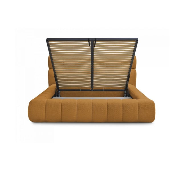 Pat matrimonial galben muștar tapițat cu spațiu de depozitare cu somieră 160x200 cm Mont Blanc – Bobochic Paris-image-3