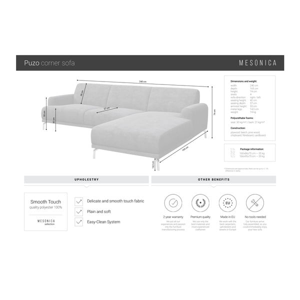 Colțar cu șezlong pe partea dreaptă MESONICA Puzo, gri deschis-image-4