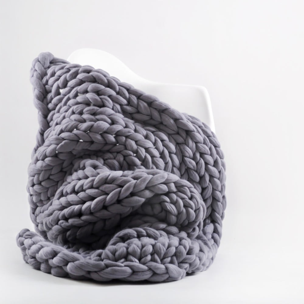 Pătură din lână merino tricotată  manual Concepttual Chunky, 125 x 130 cm, gri mov