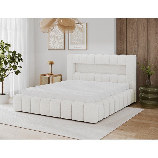 Pat matrimonial crem tapițat cu spațiu de depozitare cu somieră 160x200 cm Lamica – ELTAP-image-1