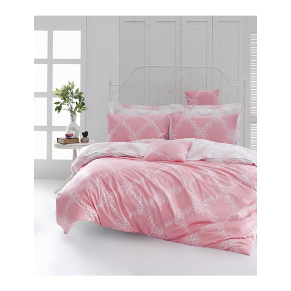 Lenjerie de pat cu cearșaf din bumbac ranforce, pentru pat dublu Mijolnir Nadine Pink, 200 x 220 cm