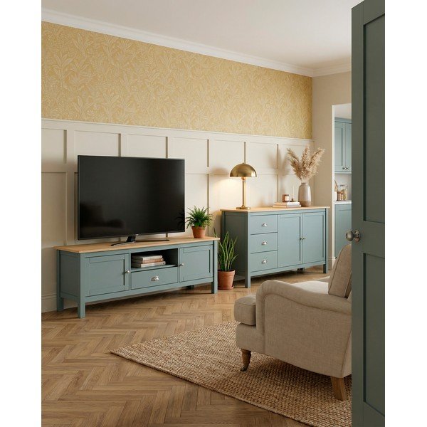 Comodă verde prăfuit din lemn de pin 150x80x40 cm Misti – Marckeric-image-1