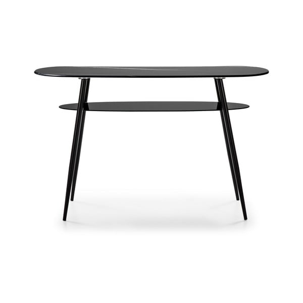 Masă tip consolă cu blat din sticlă în decor de marmură Markeric Alina, negru-image-2