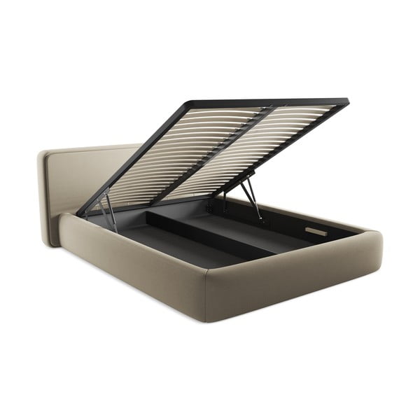 Pat matrimonial bej tapițat cu spațiu de depozitare cu somieră 160x200 cm Kiana – Makamii-image-3