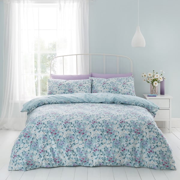 Lenjerie de pat albastră pentru pat dublu 200x200 cm Daisy  Medow Floral – Catherine Lansfield