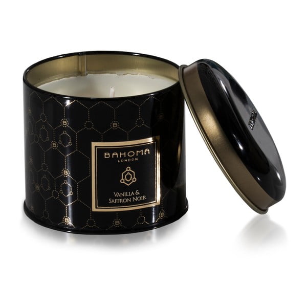 Lumânare parfumată în recipient de tablă cu aromă de vanilie și șofran negru Bahoma London, 35 ore ardere