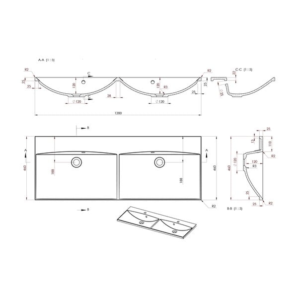 Chiuvetă dublă albă din compozit mineral 120x46 cm Maria – Sapho-image-1