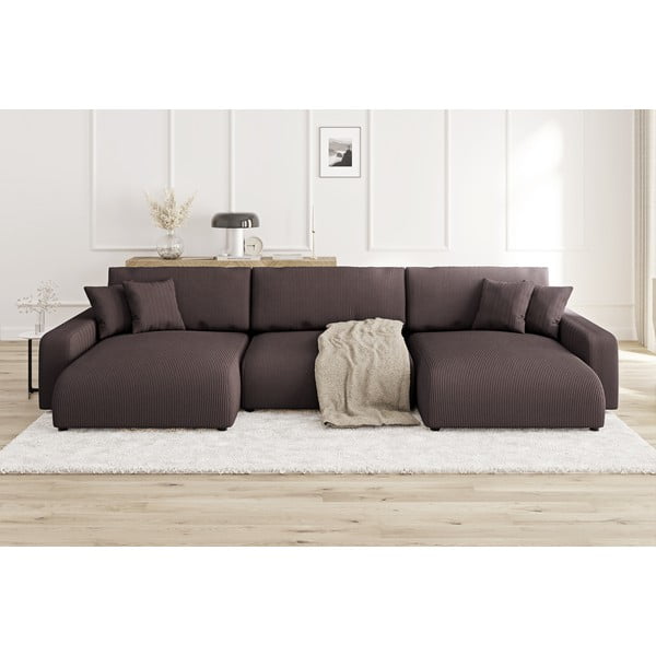 Colțar maro extensibil, cu spațiu de depozitare, cu tapițerie din catifea reiată Sara – Ropez-image-1