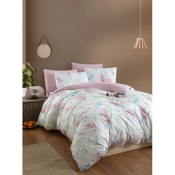 Lenjerie de pat albă/roz pentru pat dublu/extinsă cu cearceaf inclus/cu 4 piese 200x220 cm Leaves – Mila Home