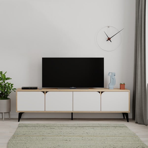 Masă TV albă/în culoare naturală cu aspect de lemn de stejar 180x51 cm Nola – Marckeric-image-1