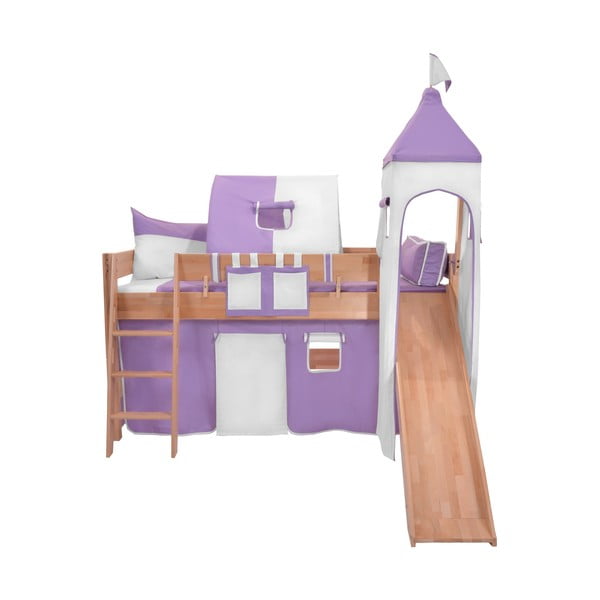 Pătuț cu tobogan pentru copii și set violet-alb din bumbac Mobi furniture Luk, 200 x 90 cm