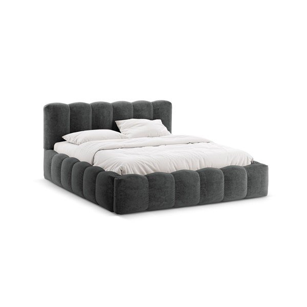 Pat matrimonial gri închis tapițat cu spațiu de depozitare cu somieră 180x200 cm Lupine – Micadoni 