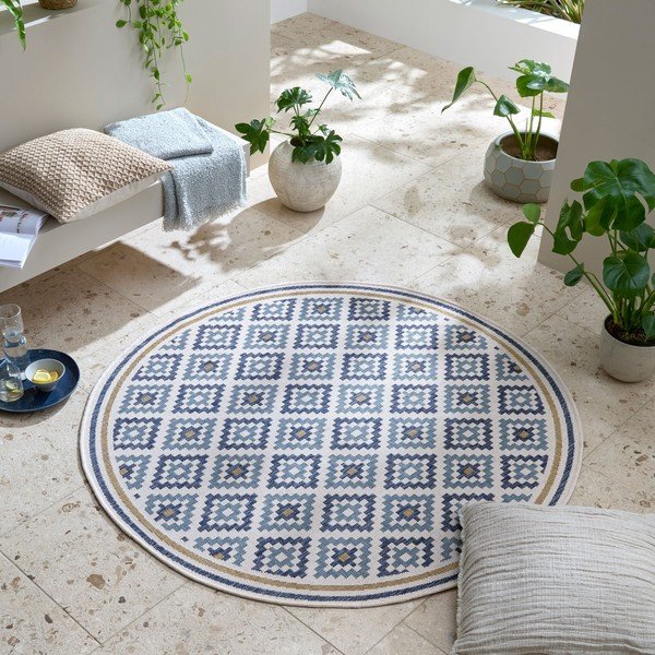 Covor pentru exterior și interior galben/albastru rotund ø 160 cm Zia Trellis – Flair Rugs-image-1