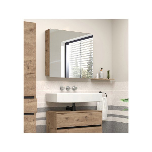 Dulap de baie în culoare naturală suspendat/cu oglindă cu aspect de lemn de stejar 80x70 cm Wisla – Støraa-image-4