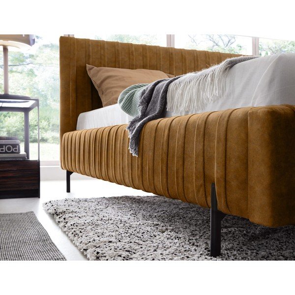 Pat matrimonial galben ocru tapițat cu spațiu de depozitare cu somieră 160x200 cm Plissa – ELTAP-image-4