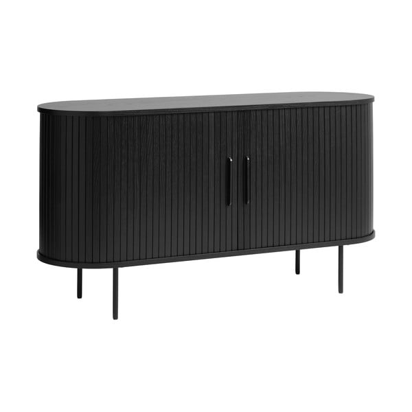Comodă neagră joasă cu aspect de lemn de stejar cu ușă glisantă 140x76 cm Nola – Unique Furniture-image-2