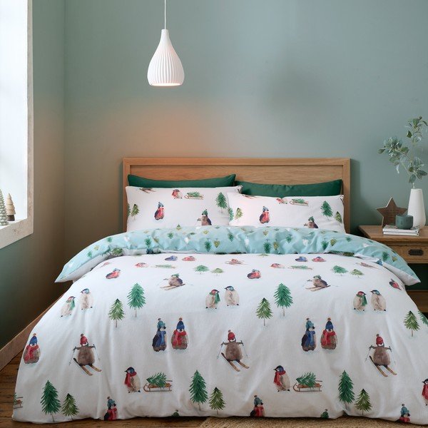 Lenjerie de pat albă din flanelă pentru pat de o persoană 135x200 cm Snowy Penguin – Catherine Lansfield