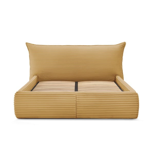 Pat matrimonial galben tapițat cu spațiu de depozitare cu somieră 160x200 cm Jade – Bobochic Paris-image-4