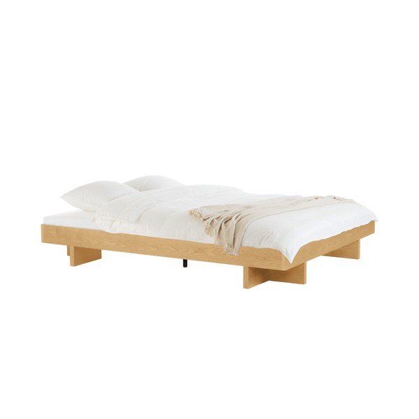 Pat matrimonial în culoare naturală din MDF cu aspect de lemn de stejar fără tăblie cu somieră 180x200 cm Kito – noo.ma