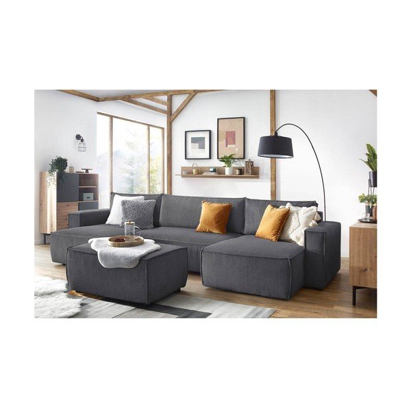 Taburet gri închis cu tapițerie din catifea reiată Nihad – Bobochic Paris-image-4