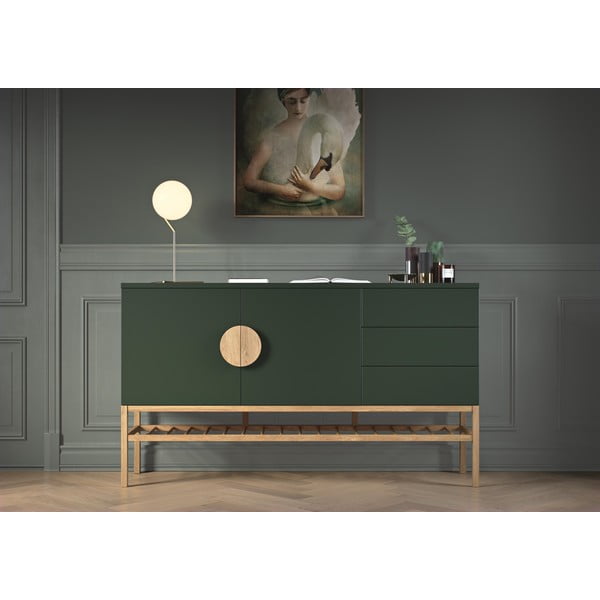 Dulap cu 2 uși și 3 sertare și picioare din lemn de stejar Tenzo Scoop, lățime 176 cm, verde-image-1