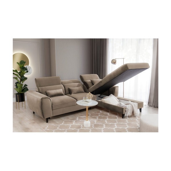 Colțar maro deschis extensibil/cu spațiu de depozitare cu tapițerie din catifea (cu colț pe partea dreaptă/cu șezlong) Foble – ELTAP-image-4