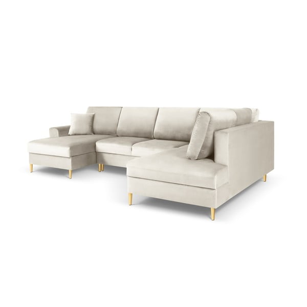 Colțar bej extensibil, cu spațiu de depozitare cu tapițerie din catifea (cu colț pe partea dreaptă, în formă de "U") Kyoto – Cosmopolitan Design-image-3