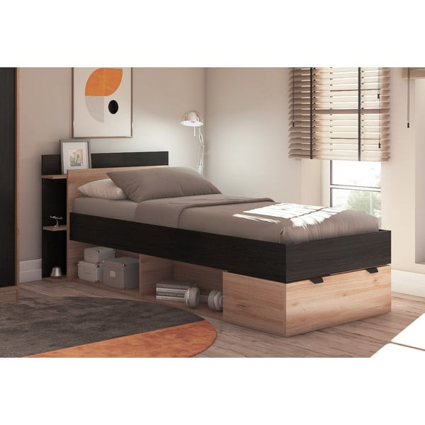 Pat negru/în culoare naturală cu aspect de lemn de stejar cu spațiu de depozitare fără somieră 90x200 cm Albo – Marckeric-image-3