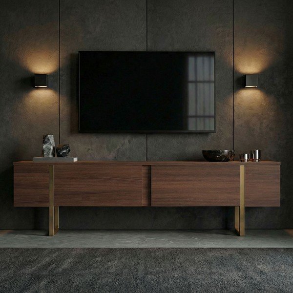 Comodă TV în culoare naturală închisă cu aspect de lemn de nuc 180x50x30 cm Onera – Kalune Design-image-2