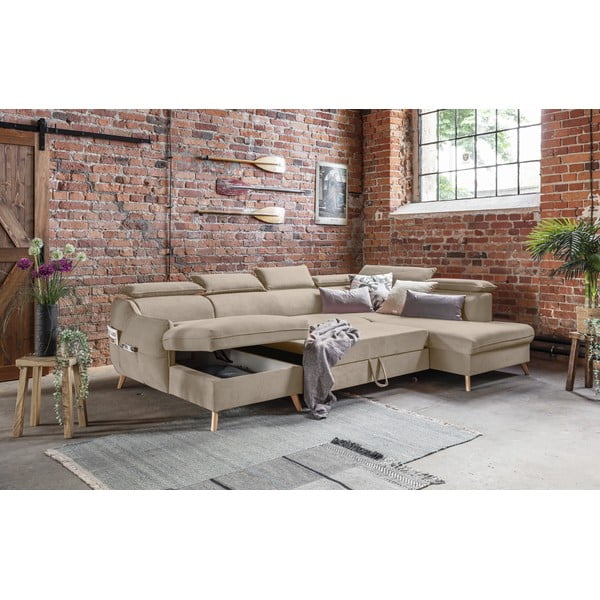 Colțar bej extensibil cu tapițerie din catifea (cu colț pe partea dreaptă/în formă de "U") Sweet Harmony – Miuform-image-4