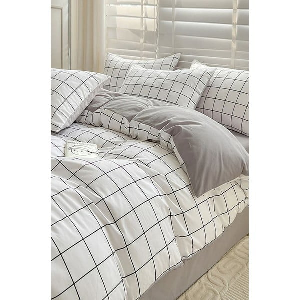 Lenjerie de pat albă/gri din bumbac ranforcé pentru pat de o persoană/extinsă cu cearceaf inclus/cu 3 piese 160x220 cm Checkered – Mila Home-image-3