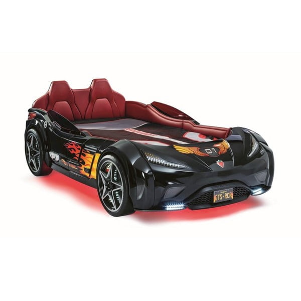 Pat de copii în formă de mașină cu lumini roșii Fast GTS Carbed Black, negru