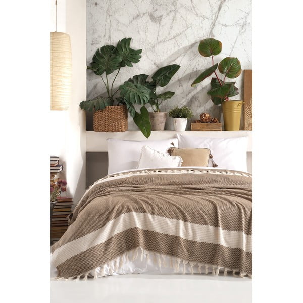 Cuvertură maro-bej din bumbac pentru pat dublu 200x230 cm Şeritli – Mijolnir