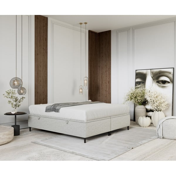 Pat matrimonial gri deschis tapițat cu spațiu de depozitare 160x200 cm Tate – Maison de Rêve-image-4