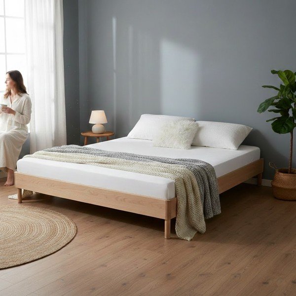 Pat matrimonial în culoare naturală din lemn de stejar fără tăblie fără somieră 160x200 cm Forrest – Vipack-image-1