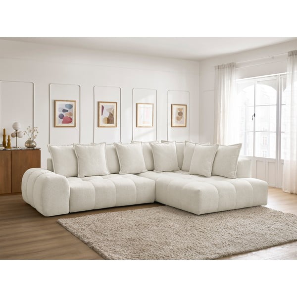 Colțar alb extensibil/cu spațiu de depozitare cu tapițerie din chenille (cu colț pe partea dreaptă/în formă de ”L”) Everest – Bobochic Paris-image-1