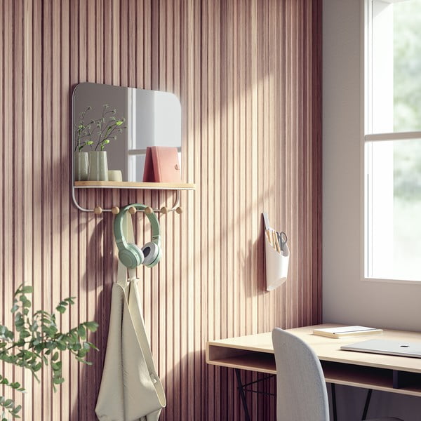 Cuier de perete alb/în culoare naturală cu raft din lemn masiv de fag Estique – Umbra-image-1