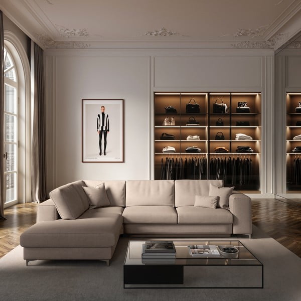 Colțar bej extensibil, cu spațiu de depozitare cu tapițerie din catifea (cu colț pe partea stângă, în formă de ”L”) Rene – Rodier-image-1