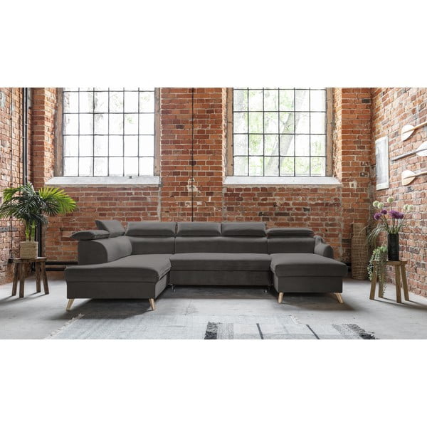 Colțar gri închis extensibil cu tapițerie din catifea (cu colț pe partea stângă /în formă de "U") Sweet Harmony – Miuform-image-1