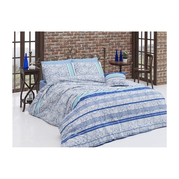 Lenjerie de pat cu cearșaf Stripe, 140 x 200 cm, albastru